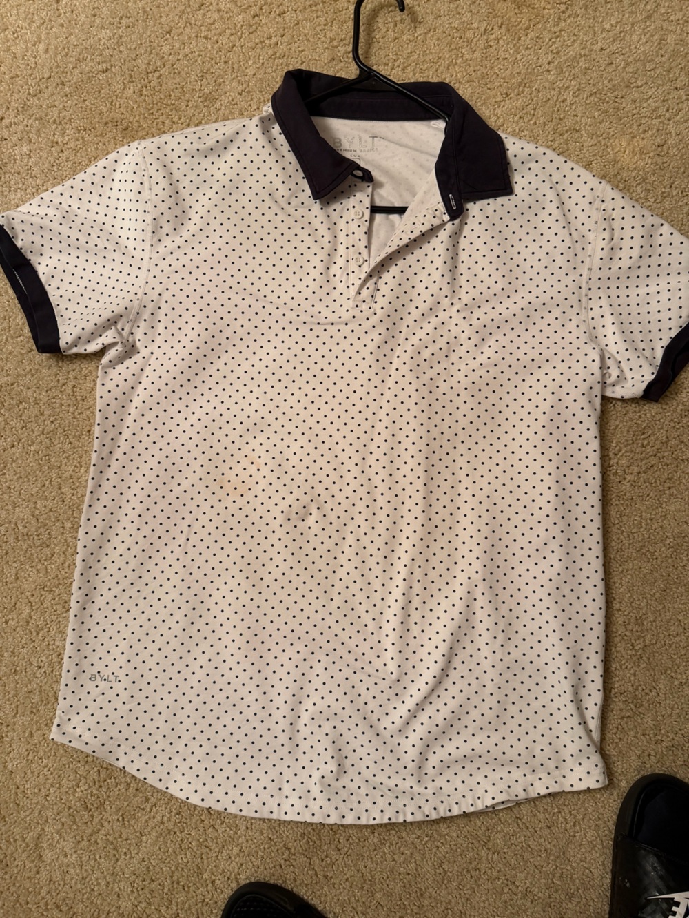 BYLT Basics White Polo with Navy Dot Pattern and Navy Trim